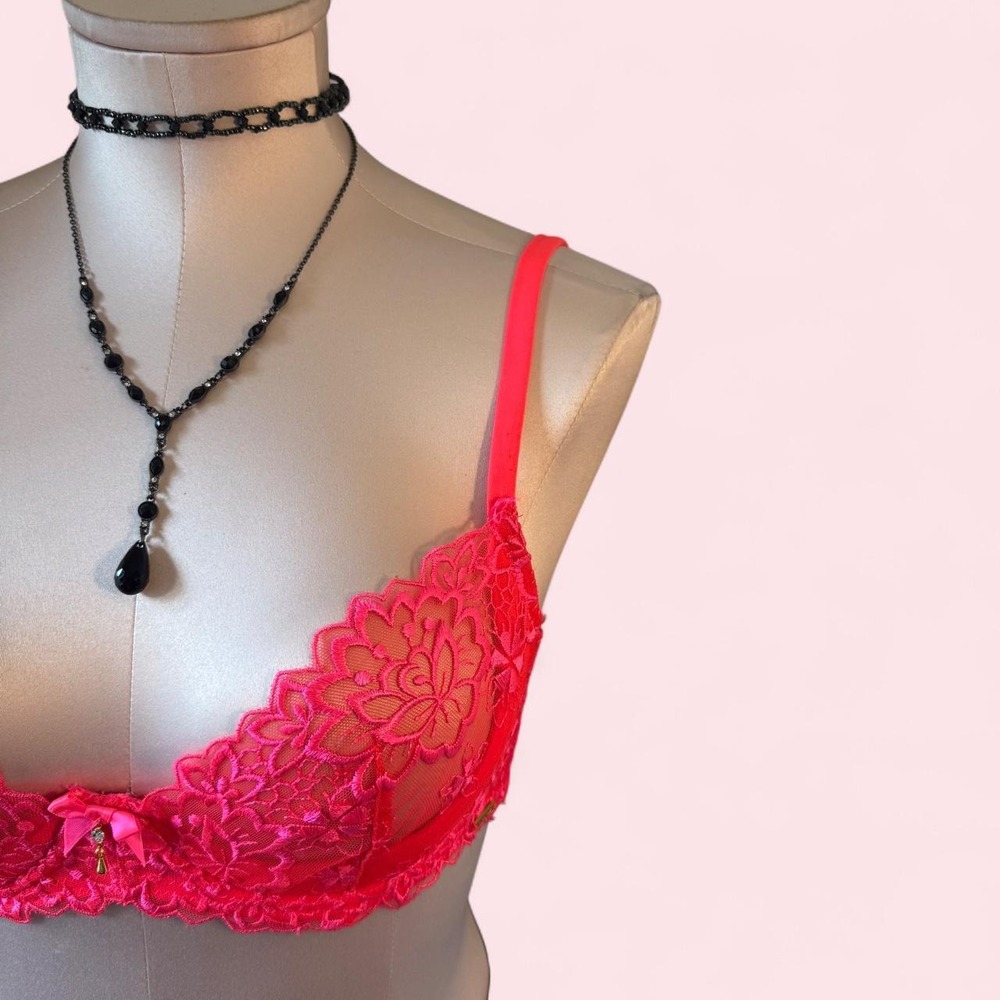 La Vie en Rose Hot Pink Lace Floral Embroidery Plunge Bra 32D Y2K Coquette - Picture 2 of 6